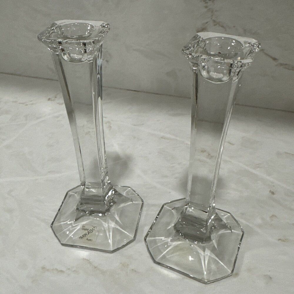 Vintage MCM Mikasa Hyde Park Clear Crystal Art Deco Taper Candle Holders Set 2 - Picture 4 of 9